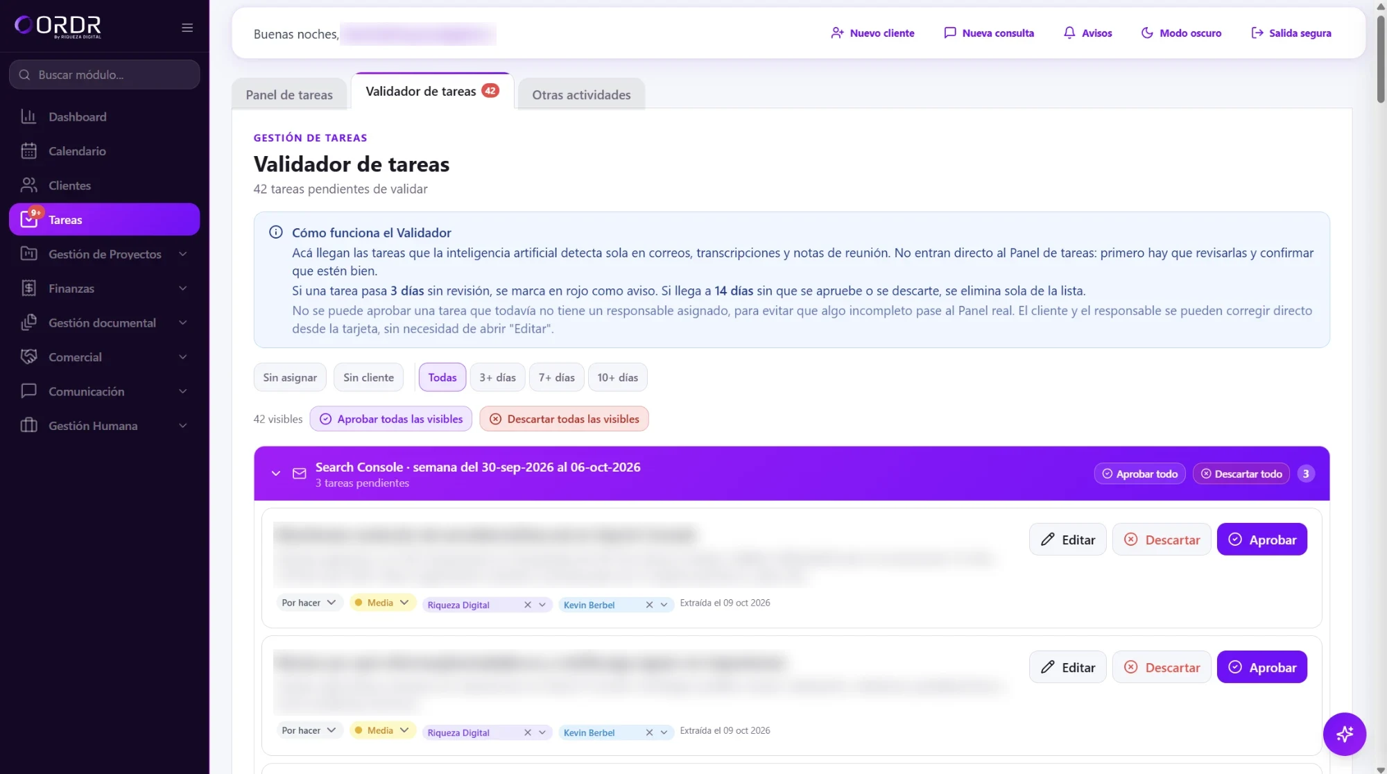 ORDR task validator: tasks detected by AI in emails and meetings, with Approve and Discard buttons